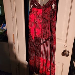 Red, black, and white midlength dress with tie. Brand new,  never worn.